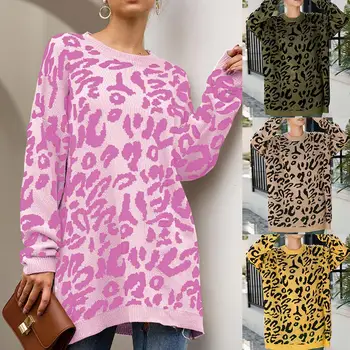 

Plus Size Women's Leopard Print Long Sleeve Crew Neck Sweater Fashion Casual Loose Pullover Top