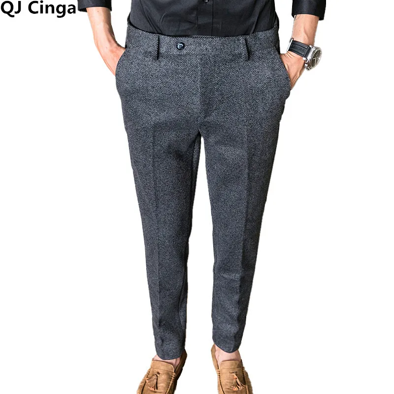 QJ CINGA New Grey Men's Woolen Pants Autumn/Winter Thick Trousers Men ...