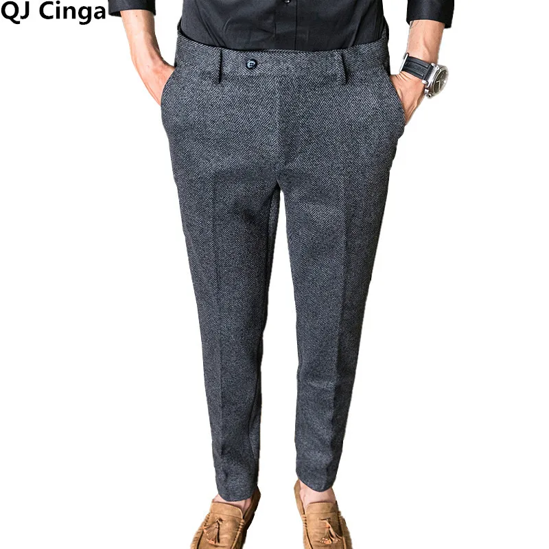 QJ CINGA New Grey Men's Woolen Pants Autumn/Winter Thick Trousers Men Slim Business Pantalones Hombre Fashion Slacks 28-36