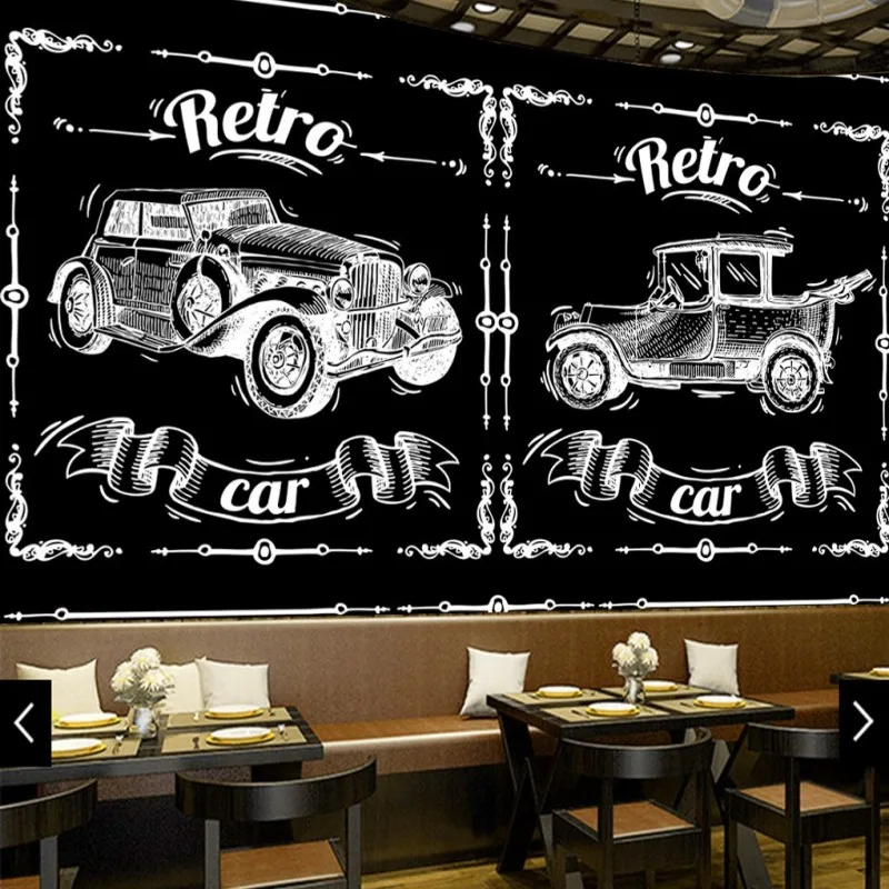 

Drop Shippingphoto Wallpaper Black White Lines Hand Painted Retro Classic Car Decoration Painting Restaurant Bar Wallpaper Mural
