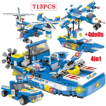 

713pcs City SWAT Trucks Helicopter Building Blocks City Police Technic Boat Car Bricks Gifts Toy For Children