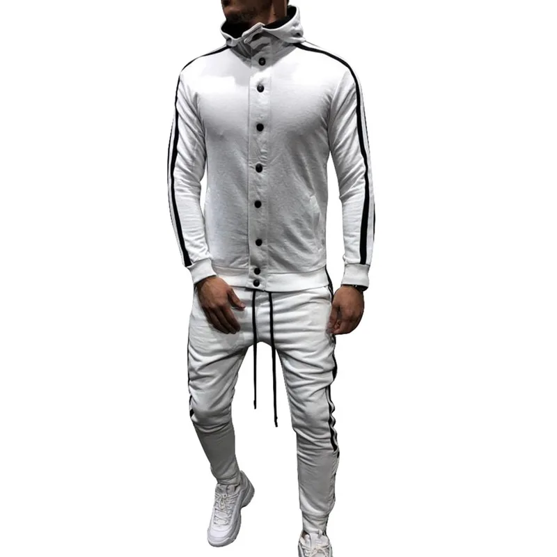 DIHOPE Spring Men Sport Suit Slim Fit Stripe Long Sleeve Button Sportwear Set Sweat Gym Jogging 1