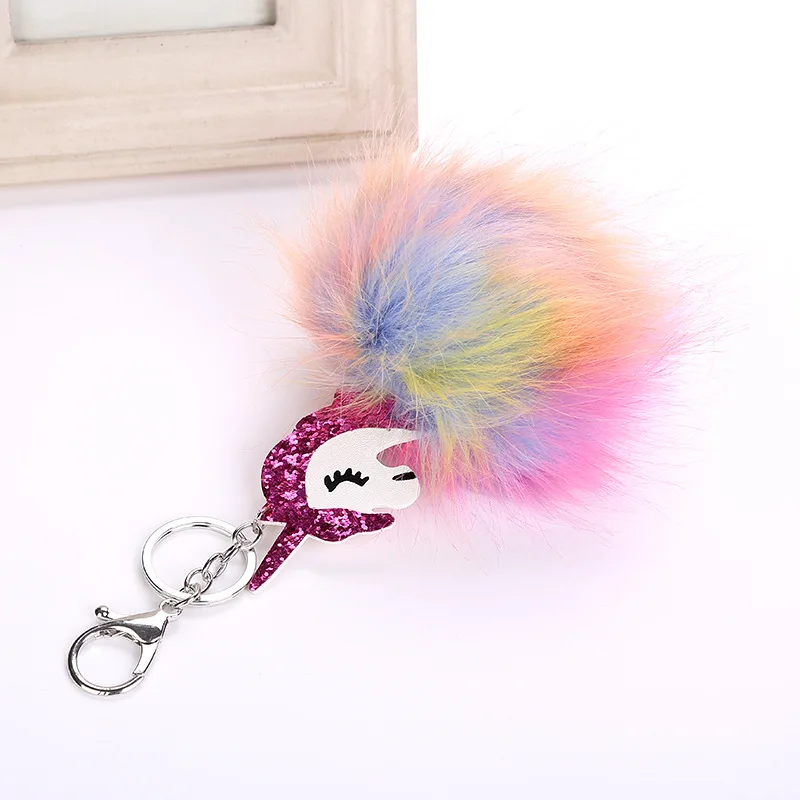Радужный цветной шар для волос, брелок для ключей с единорогом, пушистая подвеска, брелок из искусственного меха лисы, Дамский рюкзак, подвеска для автомобиля, брелок для ключей, подарок