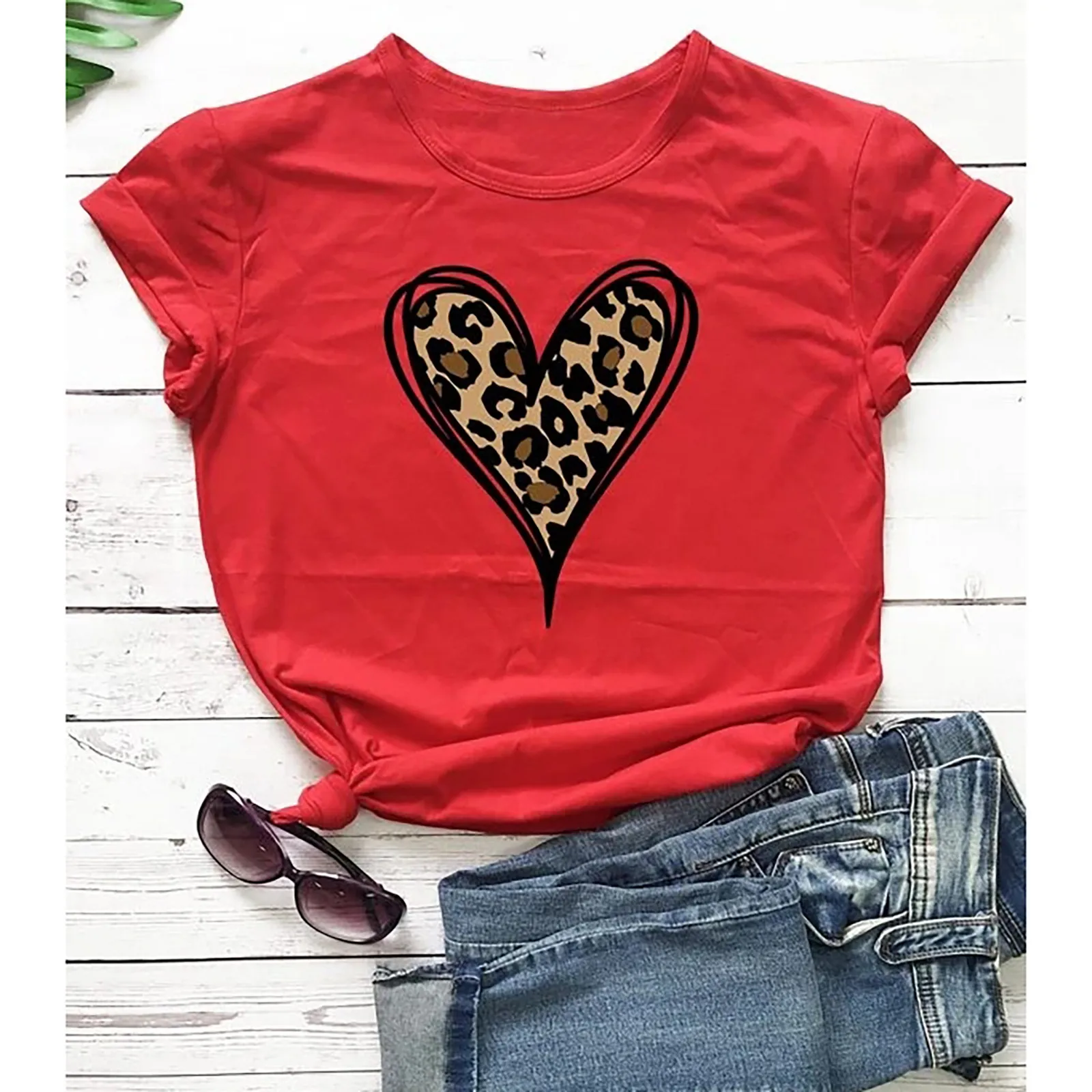 ValentineS Day-Blusa con estampado de leopardo y manga corta para verano, camisa holgada informal de talla grande 3xl