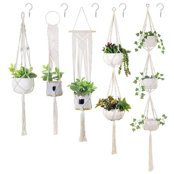

HOT SALE 5 Pack Macrame Plant Hanger and 5 Pcs Hooks Indoor Outdoor Hanging Plant Holder Hanging Planter Stand Flower Pots for D