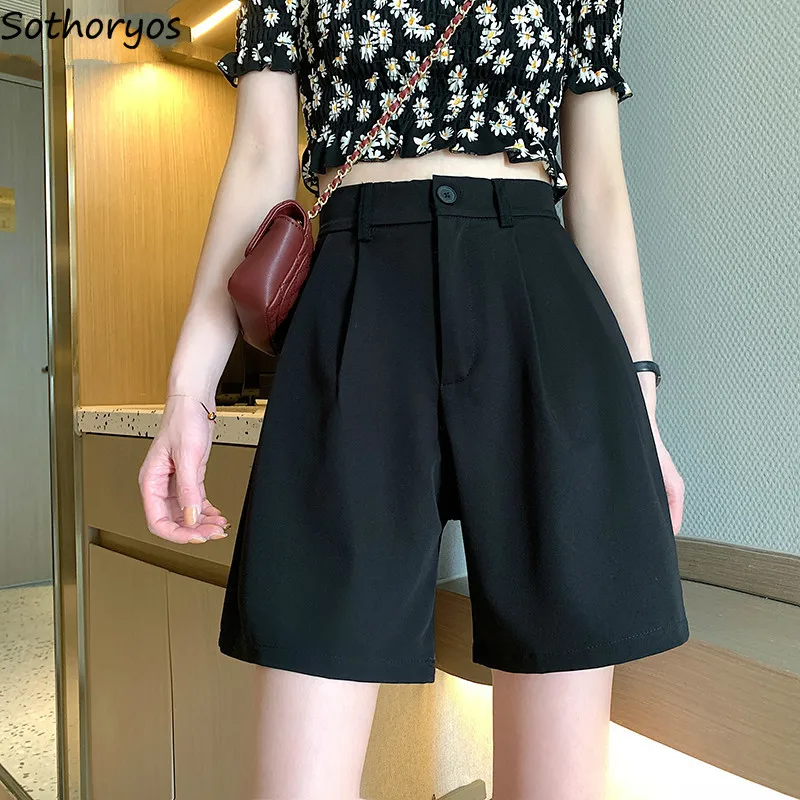 Shorts Women Solid High Waist Office Ladies Thin Comfort Casual Loose