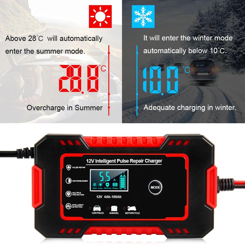 NEXPEAK Full Automatic Car Battery Charger 12V 24V 6A Digital LCD Display Power Puls Repair Wet Dry Lead Acid Battery Tester