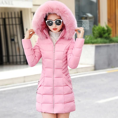 pink Новинка, модная женская хлопковая куртка с капюшоном, тонкое пальто с меховым воротником, большие размеры, Женское зимнее плотное пальто 877 - Цвет: pink