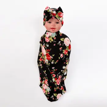 

2 Pcs/set Baby Kids Bow-knot Cap Swaddle Wrap Set Newborn Print Wrapping Blanket Hat Photo Props