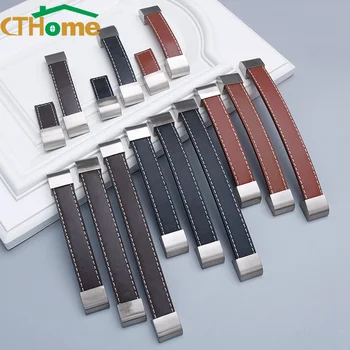

128mm Leather + Zinc Alloy Door Knobs and Handle Simple Kitchen Cabinet Handles Nordic Wardrobe Drawer Pulls Furniture Handles