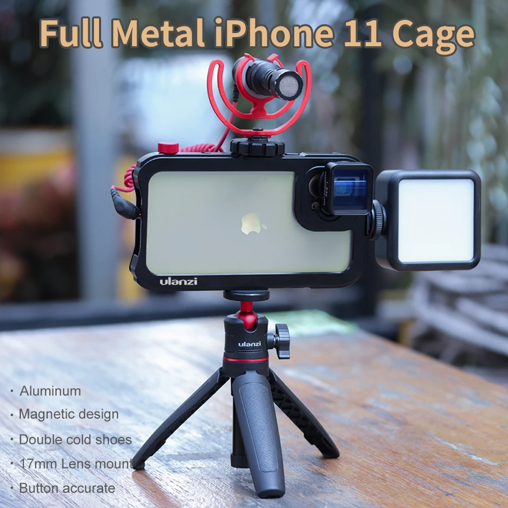 Алюминиевая видеокамера для iPhone 11 Pro Max w адаптер для объектива 1/" винт штатива и крепления для холодного башмака для микрофона светодиодный видео светильник