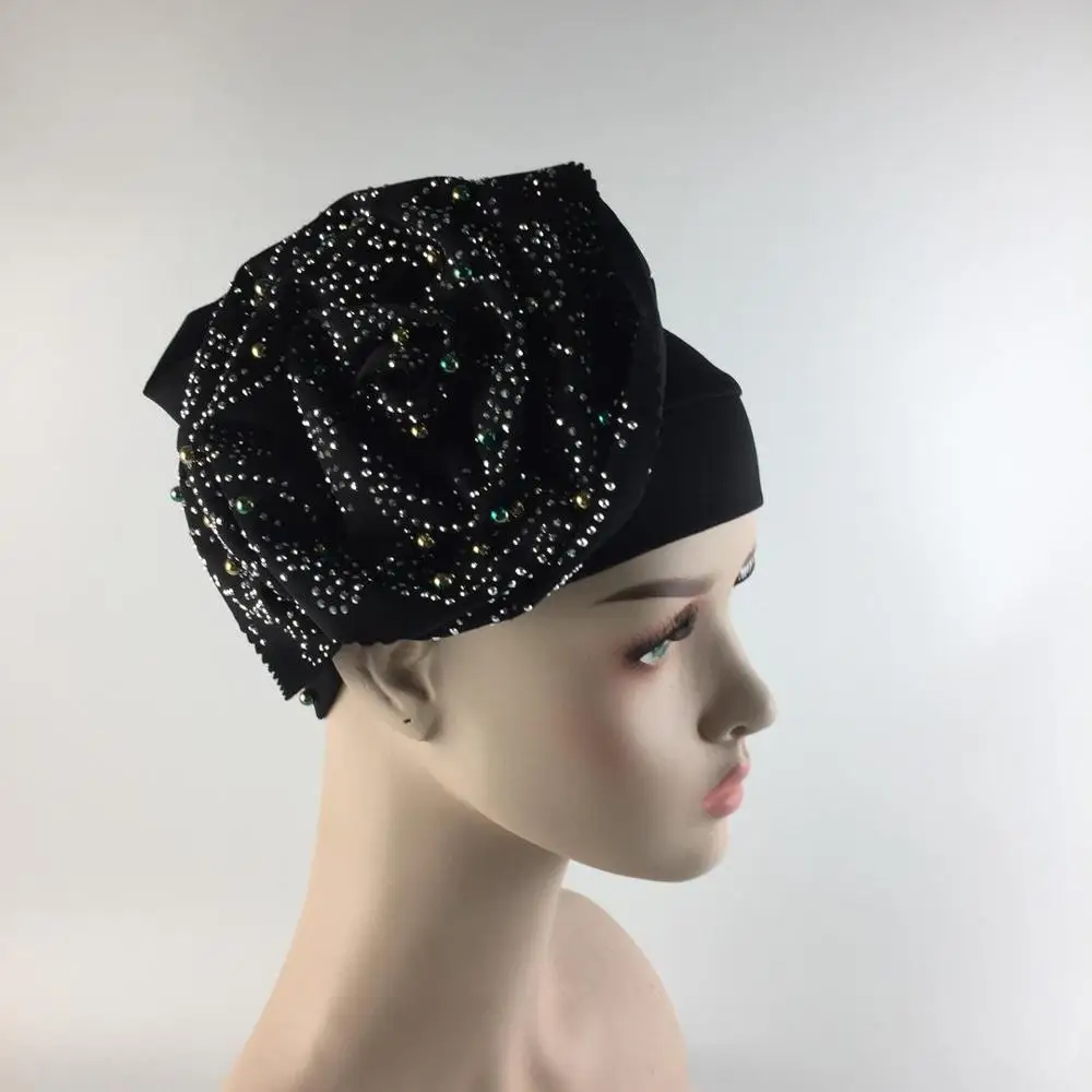 

New Luxury Scarf Hijab Hats gele aso oke headtie with stones and beads Turban Plus Ceramic Flip Muslim Hijab Caps TUB002