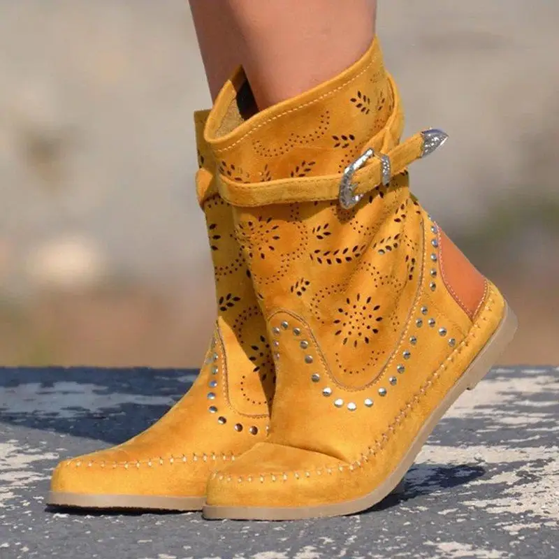 

Autumn Boots Women Shoes Woman Flat Heel Slip-On Ankle Boots Retro Rivet Buckle Embroider Platform Women Shoes Zapatos De Mujer