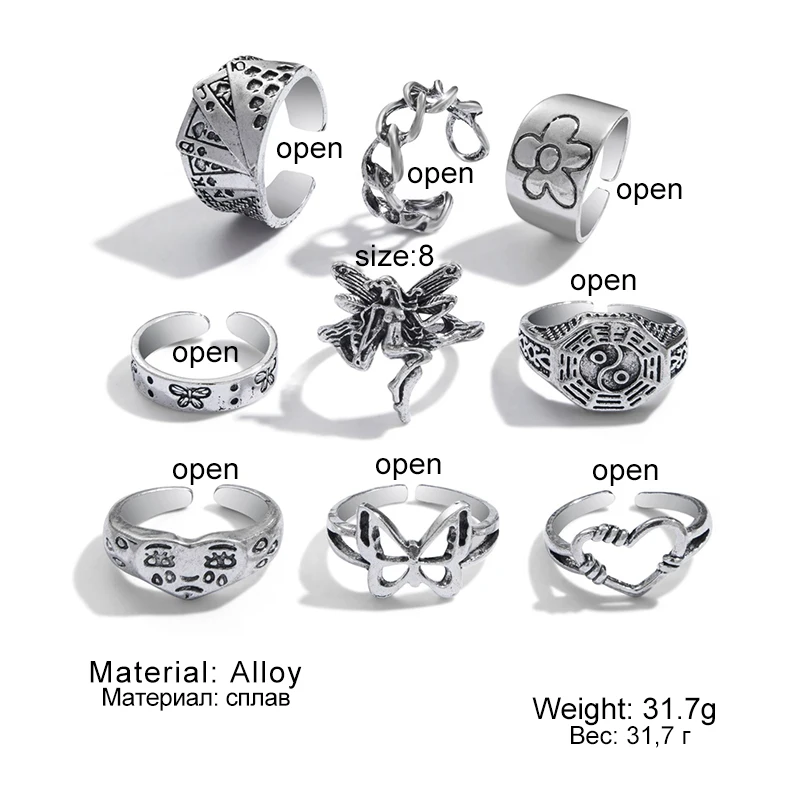IFME Vintage Silver Color Heart Chain Butterfly Hot Sale Rings Set for Women Men Punk Poker Flower Finger Rings Trend Jewelry