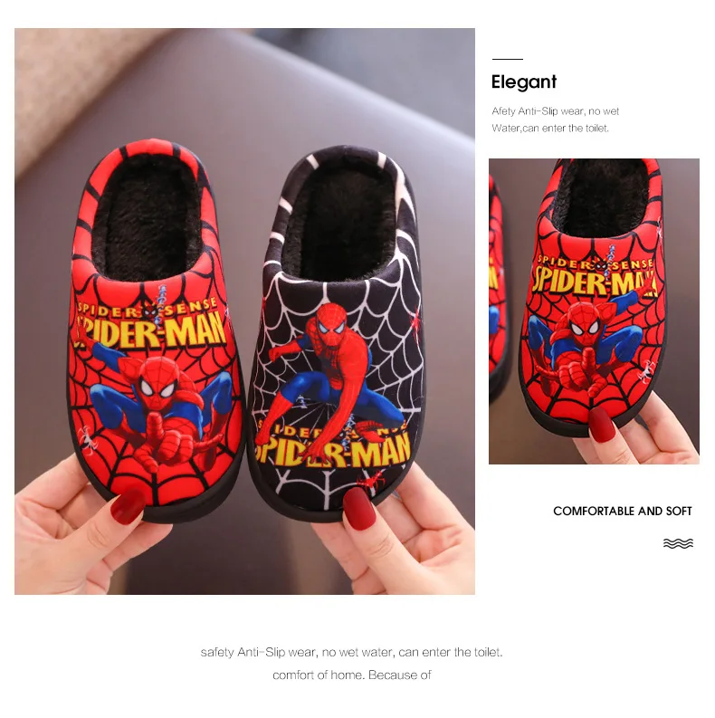 Детские тапочки с рисунком Человека-паука; черные детские домашние тапочки; хлопковая обувь для мальчиков и девочек; зимние теплые домашние Тапочки