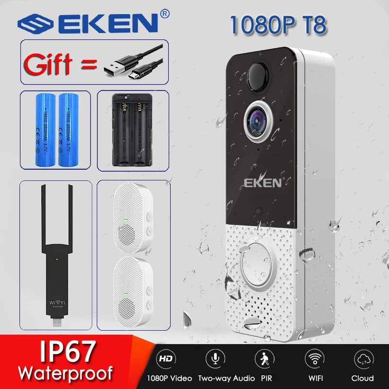 EKEN T8 IP67 WIFI impermeable Video inteligente timbre Cámara 1080P Visual Intercom de la visión nocturna IP la puerta PIR inalámbrico de cámaras
