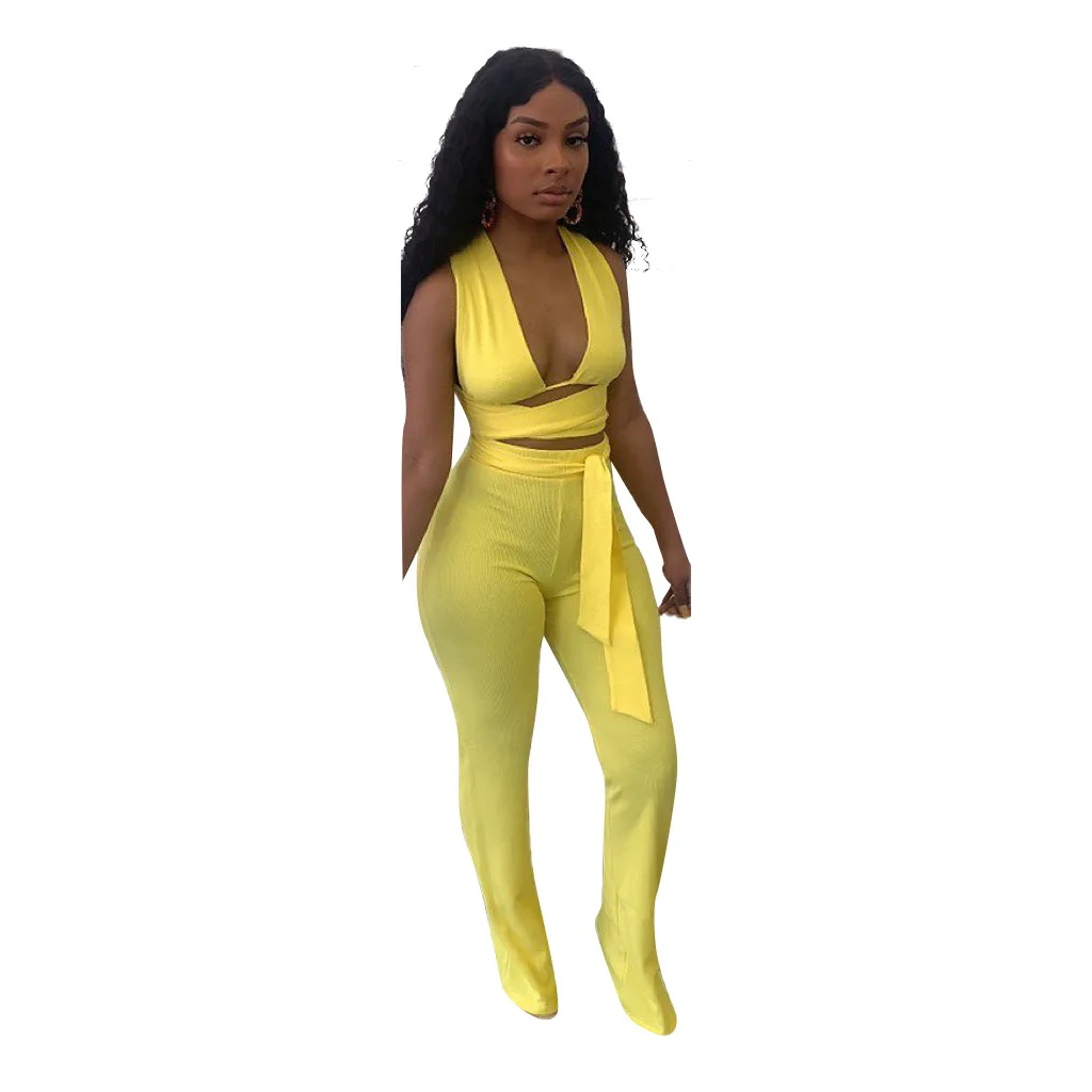 

Casaul Women Pants Suit Deep V-neck Shirt Top And Long Pants Backless Bandage Tracksuit Women Outfit