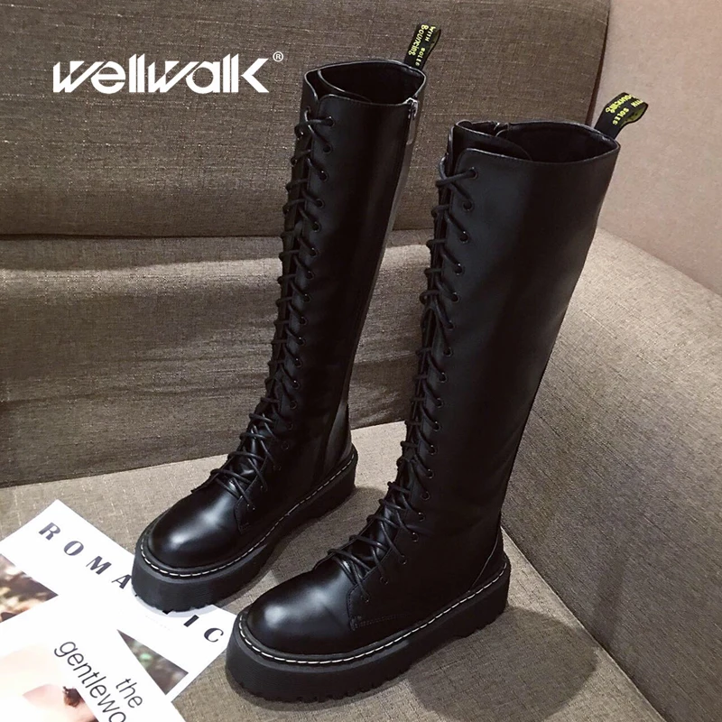 

Women Round Toe Knee High Long Boots Martens Motorcycle Riding Equestrian Lace Up Side Zip Platform Casual Chic Winter Big Size