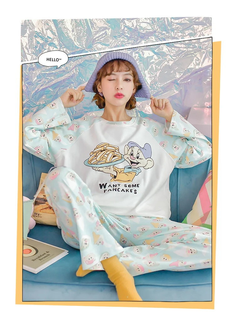Disney Cartoon Snow White Dwarf Long Pajamas Set Lady Autumn Winter Cotton Long Sleeve Trousers Suit Printing Kawaii Pyjamas Set