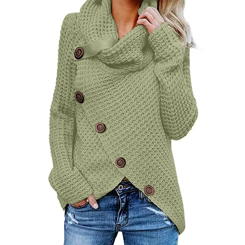 Женский осенне-зимний пуловер с длинными рукавами, топы, водолазка с косой пуговицей, вафельный вязаный свитер с асимметричным подолом