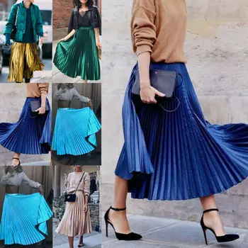 

2019 New Leisure Spring & Autumn Women Fashion High Waist Maxi Skirt Pleated Retro Long Dress Elastic Waist