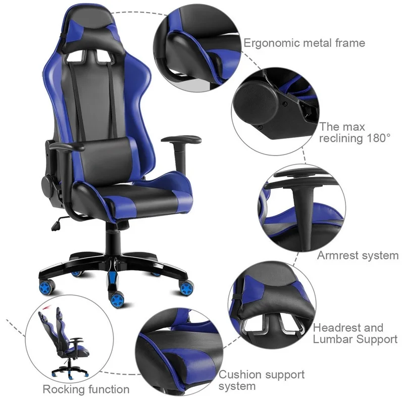 High Back Gaming Reclining Office Chair 360 Degree Swivel 5 Wheels Removable Head Rest Pillow Lumba
