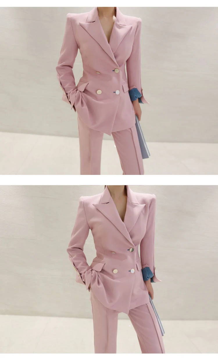 Новые Модные осенние женские высококачественные темпераментные двубортный костюм и модные узкие брюки в деловом стиле тонкие розовые штаны костюм