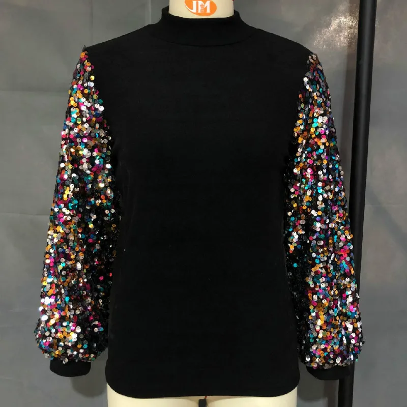 Женская блузка в стиле пэчворк, с рукавом-фонариком, с блестками, с цветными вставками, Повседневная блузка, топы