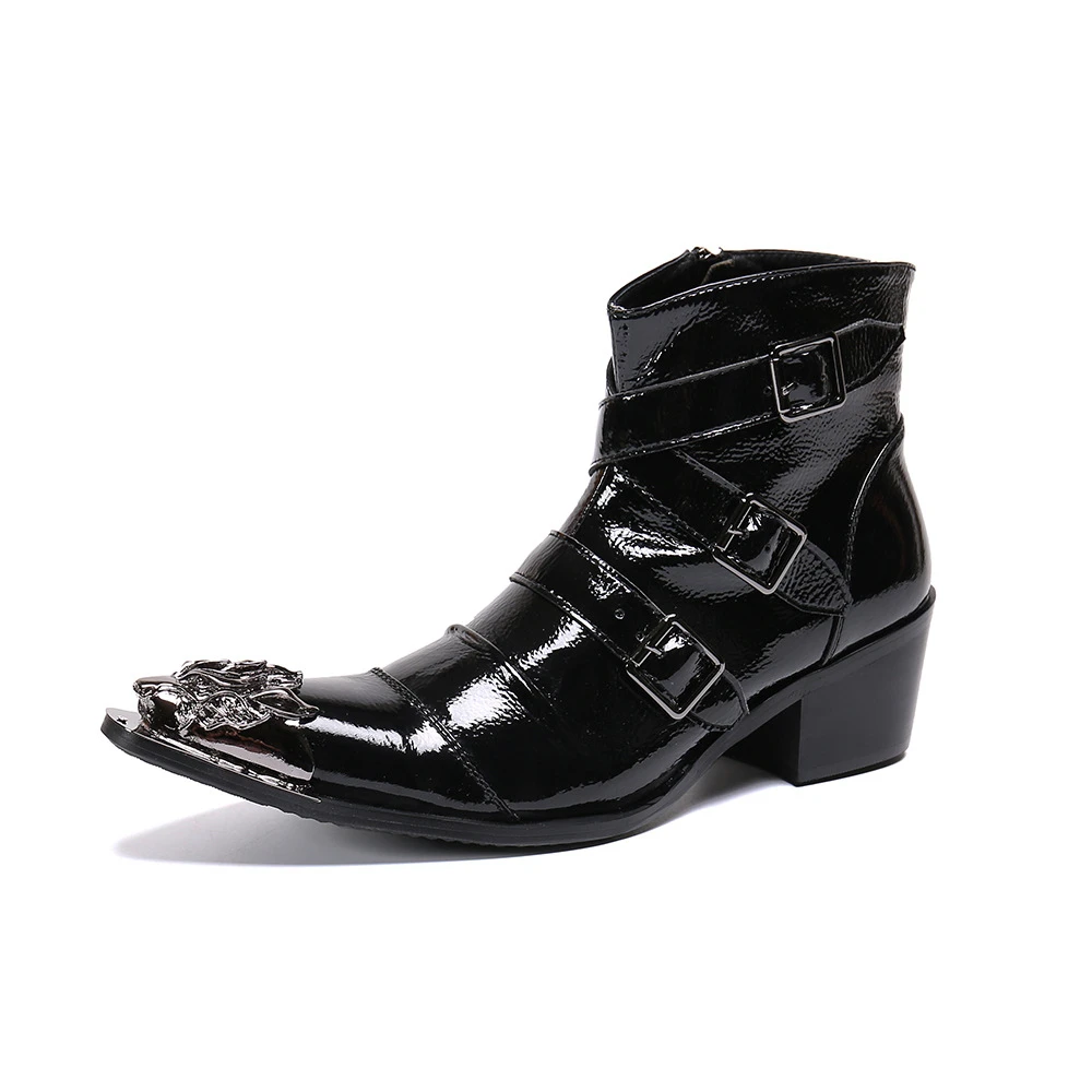 Casual Ankle Chelsea Boots Zipper Pointed High Heel Red Black Leather Short Boots Men Personality Singer Dance Leather Boots