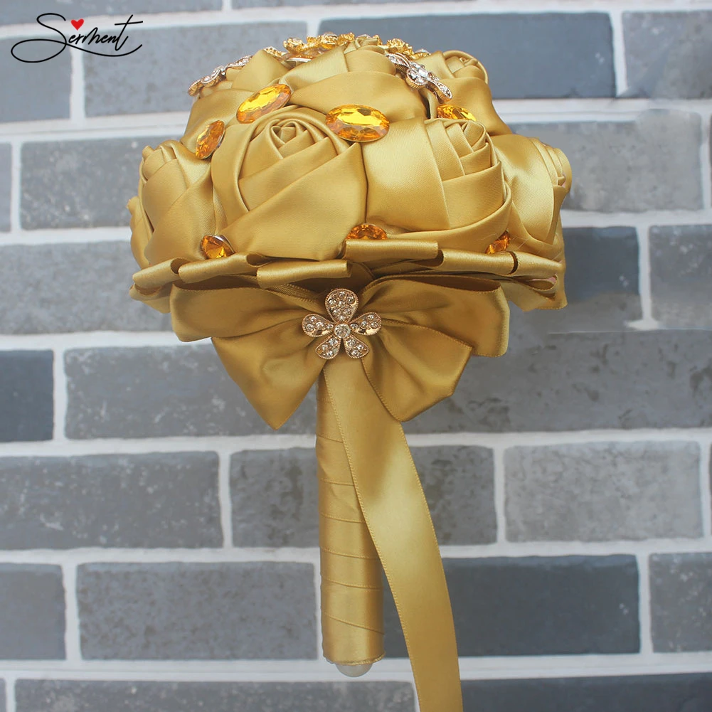 Golden Rhinestones Holding Flowers Wedding Luxury Gold Diamonds Holding Flowers New Gold Rhinestone Bouquet Wedding Accessories