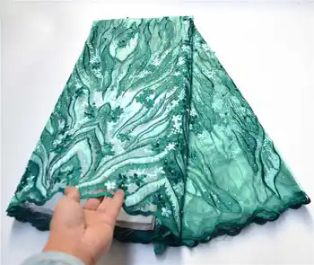 

African Embroidered Lace Fabric Nigerian French Net Lace Fabric Teal Green High Quality Tulle Lace Fabric With Beads PSA989-1