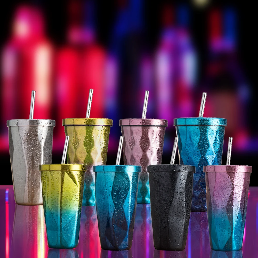 

500ML Fashion Gradient Irregular Stainless Steel Mugs Personality Large Capacity Coffee Tea Cup Drinkware With Straw And Cover