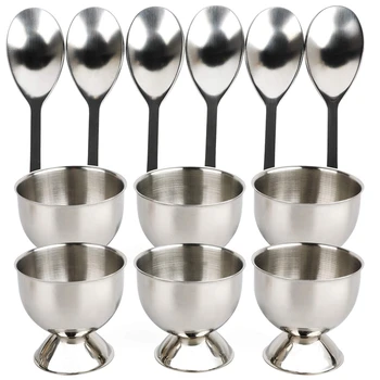 

SZS Hot Stainless Steel Egg Cup Stainless Steel Set 12 Includes 6 Egg Cup Holders and 6 Egg Spoons