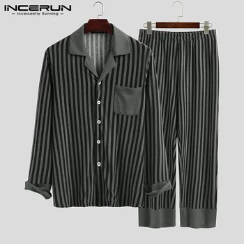 

Cozy Pockets Homewear Suits INCERUN Fashion Striped Pajama Suits Men Long Sleeve Lapel Tops Elastic Pants Sleepwear Sets S-5XL