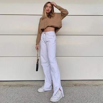 

Jeans Pants High Waist Denim Pants Women Full Length Trousers Split Pants Pockets Zipper Jeans Pants Streetwear Hip Hop Wear