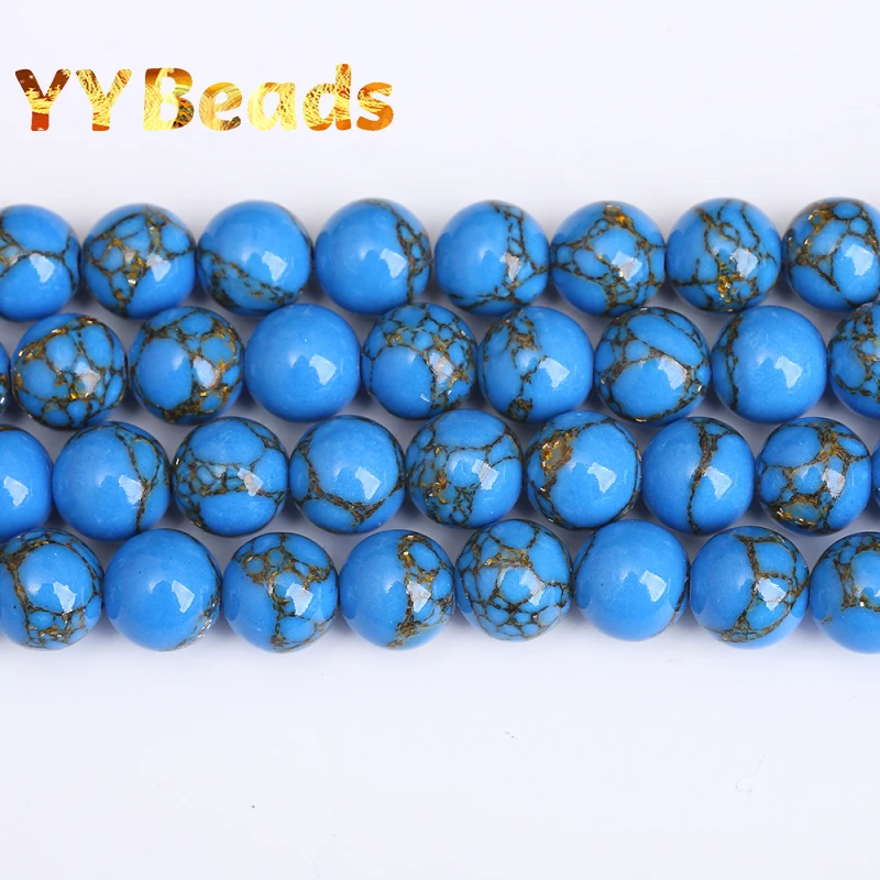 

Natural Stone Gold Line Blue Turquoises Stone Beads 4 6 8 10 12mm Loose Charm Beads For Jewelry Making DIY Bracelets Ear Studs