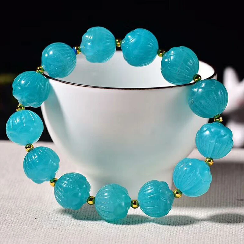

Wholesale Light Blue Tianhe Stone Bracelet Carved Lotus Beads Bracelet for Women Gift Hand Wrist Fresh Fashion Jewelry