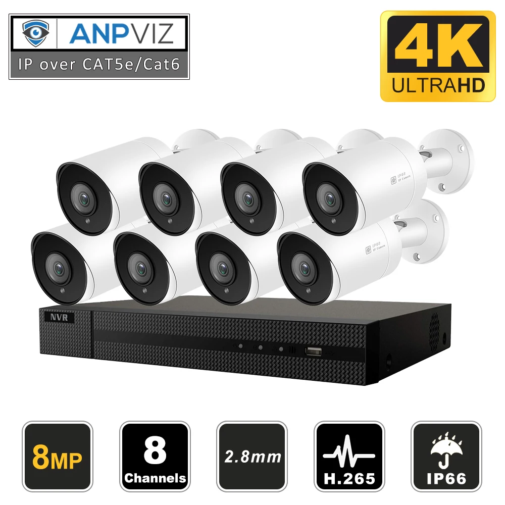 Anpviz Новинка 4K 8CH POE NVR комплект Plug& Play 8-канальная система безопасности камера 8 шт 8MP Bullet IP камера наружная Поддержка Onvif