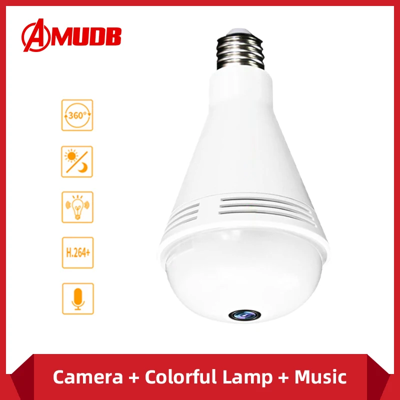

AMUDB 1080P WiFi Light Sensor Monitor E27 Bulb Bluetooth Music Bulb with Remote Monitoring IP Camera Decorative Lamp