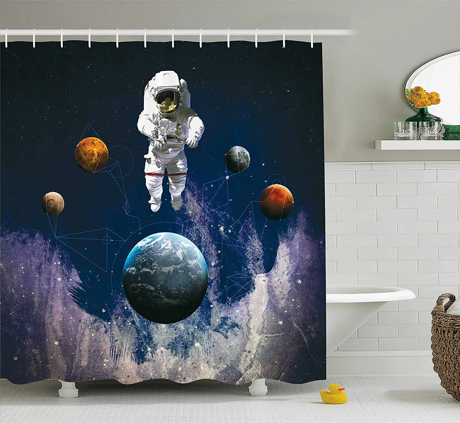 Outer Space Shower Curtain Astronaut in The with Planets Globe Satellite Energy Eternity Theme Cloth Fabric | Дом и сад