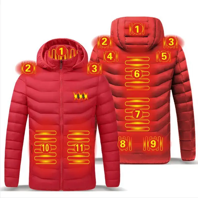 2021 NWE Men Winter Warm USB Heating Jackets Smart Thermostat Pure Color Hooded Heated Clothing Waterproof  Warm Jackets 11 Heated Red