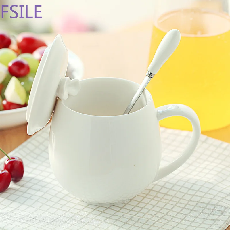 Fsile Creative Small Fresh Heat-resistant Mug 380ml Cup with Lid Milk Coffee Ceramic Cup Couple Cup Office Drinking Cup Gift