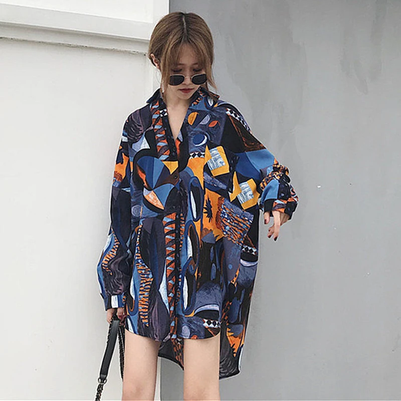 

Spring Autumn Women Loose Long Shirts Plus Size Ink Painting Geometric Chiffon Blouses Female Turn-down Collar Ladies Tops D376