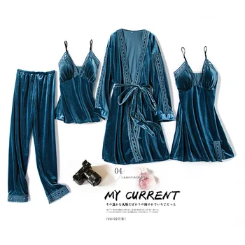 

4PCS Lace Sleepwear SEXY Lady Velvet Robe SET Kimono Bathrobe Gown Intimate Lingerie Robe&ShortS&Pants&Nightie Sleep Night Suit