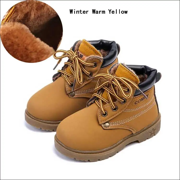Yellow Fur Детские меховые ботильоны; сапожки для мальчиков и девочек; модные водонепроницаемые кожаные ботинки; осенние ботинки martin для девочек; теплая зимняя обувь для маленьких детей;#14 - Цвет: Yellow Fur