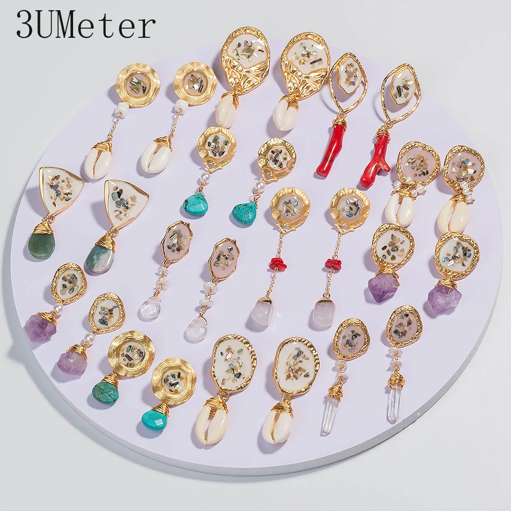 

3UMeter 2019 New Natural Stone Shell Earrings For Women Creative Geometric Coral Earrings Advanced Simplicity Gift Drop Shipping