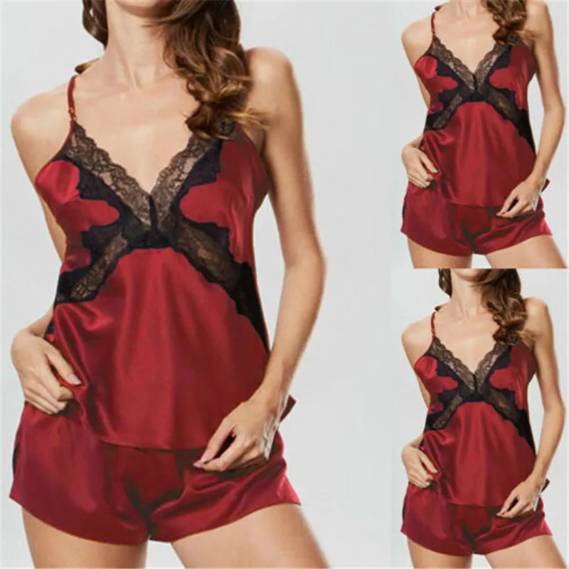 

Christmas Fashion Sexy Lace Lingerie Sleepwear Satin V Neck Backless Red Pajamas Underwear Nightwear Women New Year