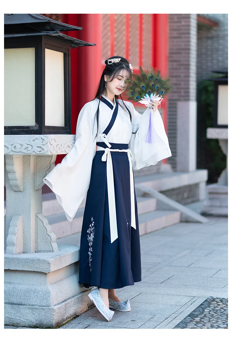 Hanfu Женский костюм Wei and Jin в китайском стиле, Повседневная традиционная китайская одежда из двух предметов для женщин, топ с v-образным вырезом и юбка