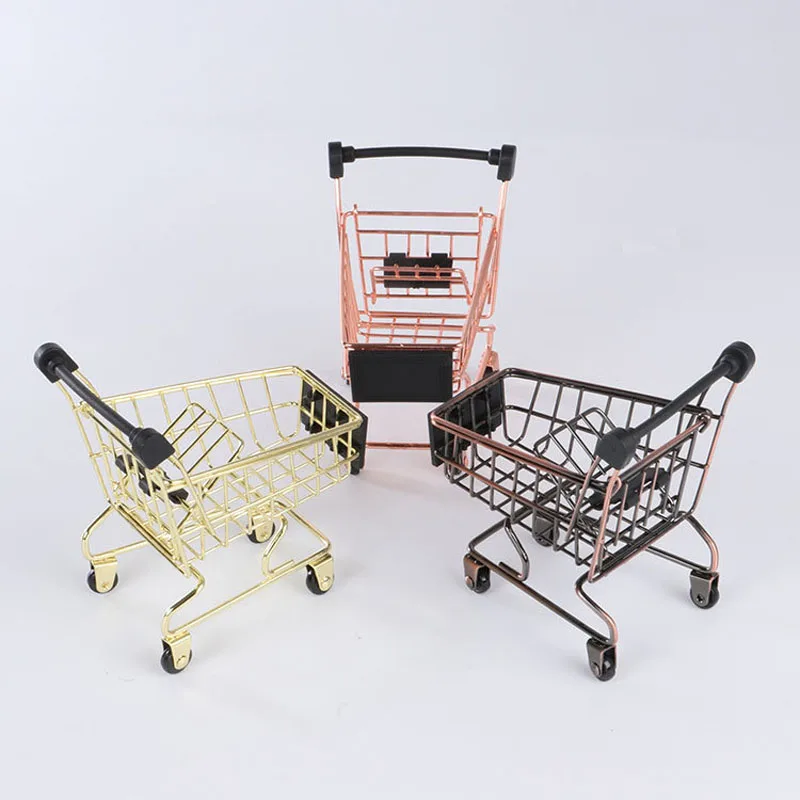 

Bronze/Gold/Rose Gold Mini Shopping Cart Creative Mini Supermarket Trolley Iron Metal Storage Basket for Desk Table