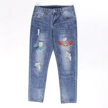 Винтажные вышитые цветочные джинсы женские осенние штаны шаровары тонкие прямые брюки рваные джинсы для женщин